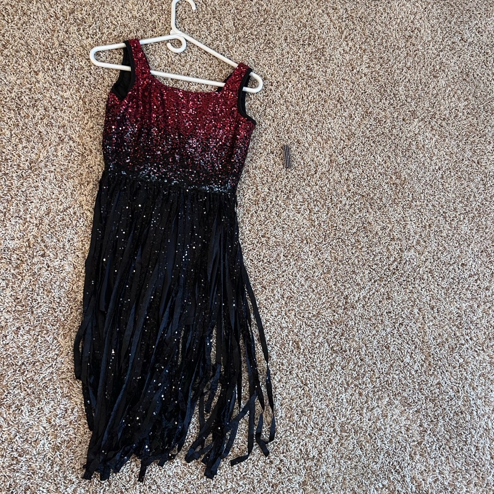 Red and black, curtain call, adult medium, fringe skirt, built-in booty short
